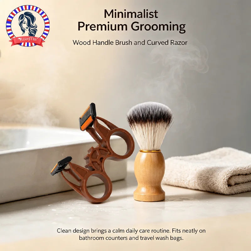 2-Pack Shaving Kit – Wood Handle Brush & Manual Razor Shaving Grooming Kit PLUSH