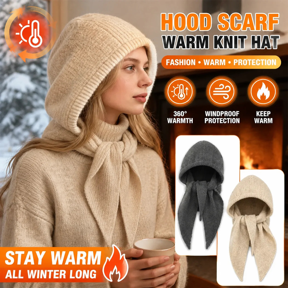 Korean Hood Scarf Knit Hat – Unisex Winter Headwear Winter Hood Scarf Hat PLUSH