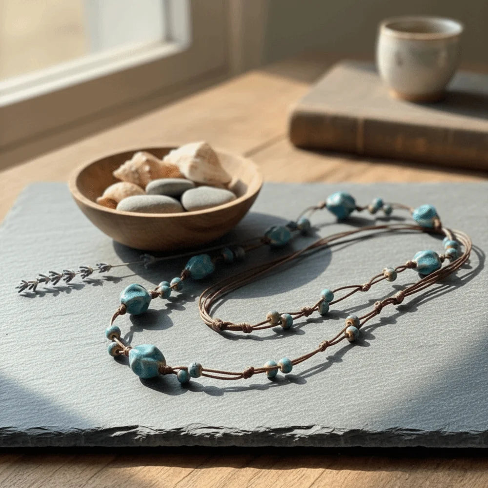 Bohemian Ceramic Beaded Long Necklace | Ethnic Vintage Style Beaded Long Necklace PLUSH