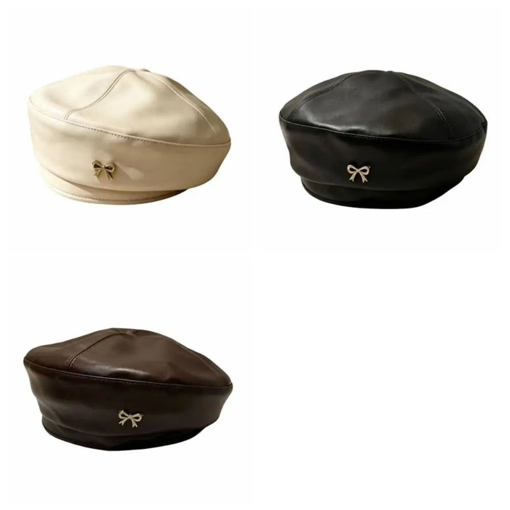 Women's PU Leather Bow Beret | British Newsboy Cap All Seasons Women's Beret Hat PLUSH