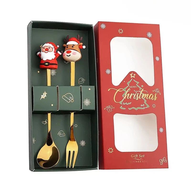 Santa Spoon & Fork Set – Christmas Holiday Dessert Tableware Holiday Flatware Set PLUSH Style A 1Set