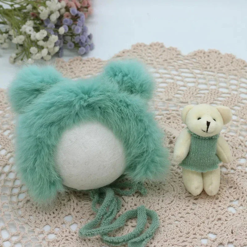 Newborn Photography Props Set – Rabbit Fur Hat & Teddy Bear Newborn Photo Props PLUSH