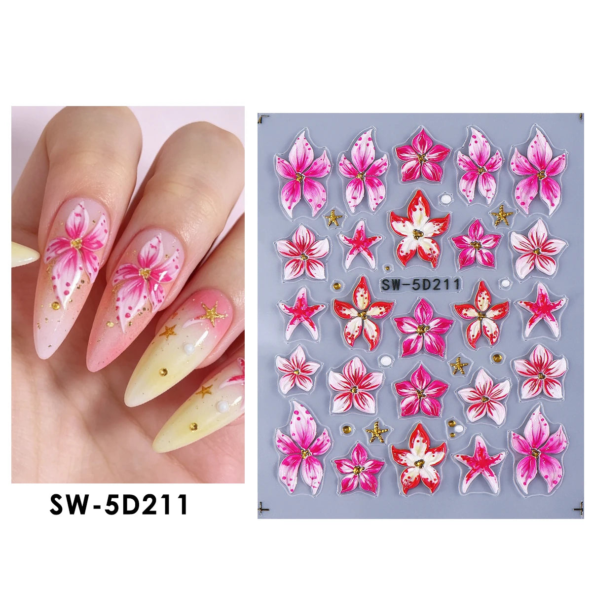 5D Embossed Nail Stickers – Tropical Flowers & Starfish Decals Nail Art Stickers PLUSH SW-5D211
