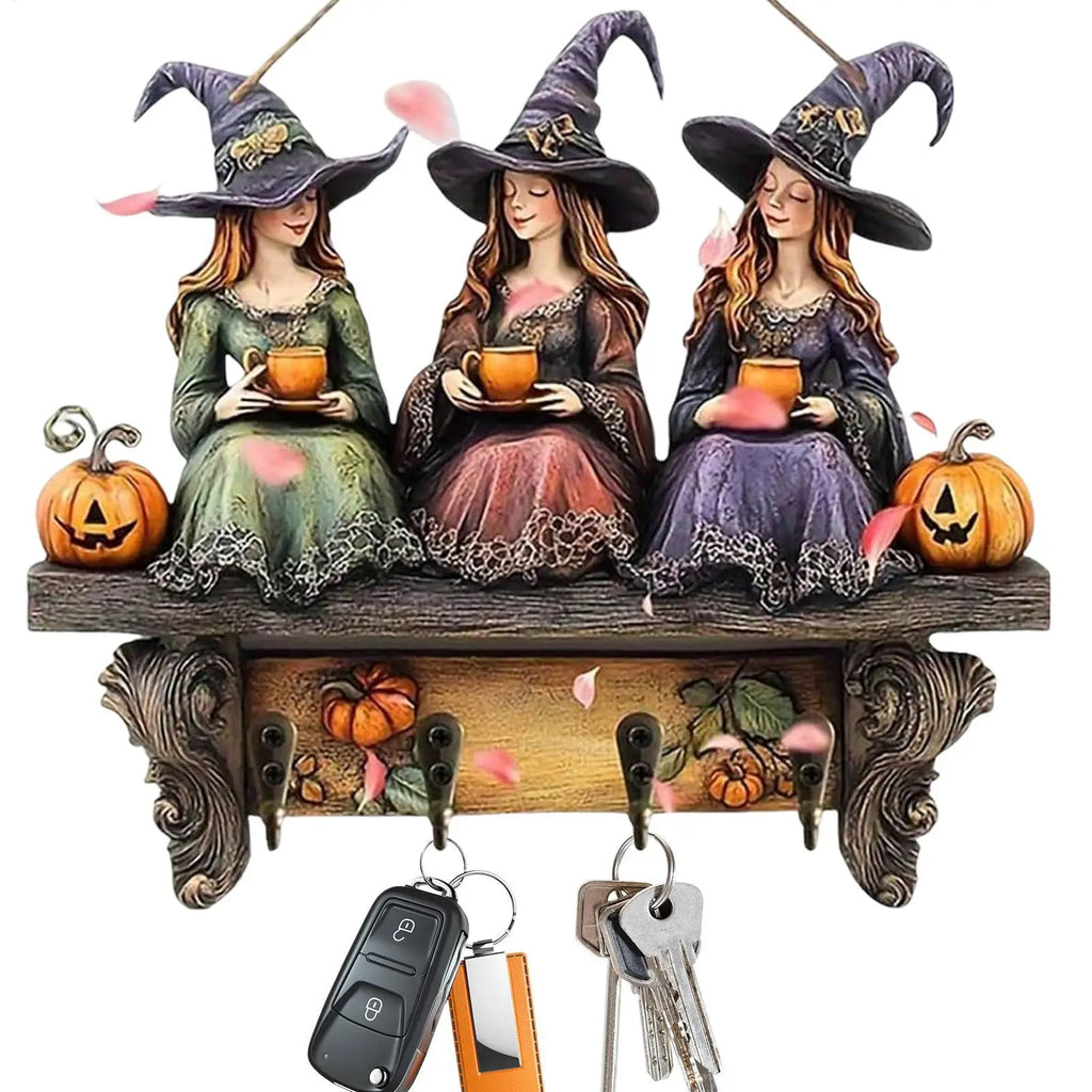 Witch Halloween Key Holder Wall Mount – 4-Hook Wood Decor Wall Key Holder PLUSH