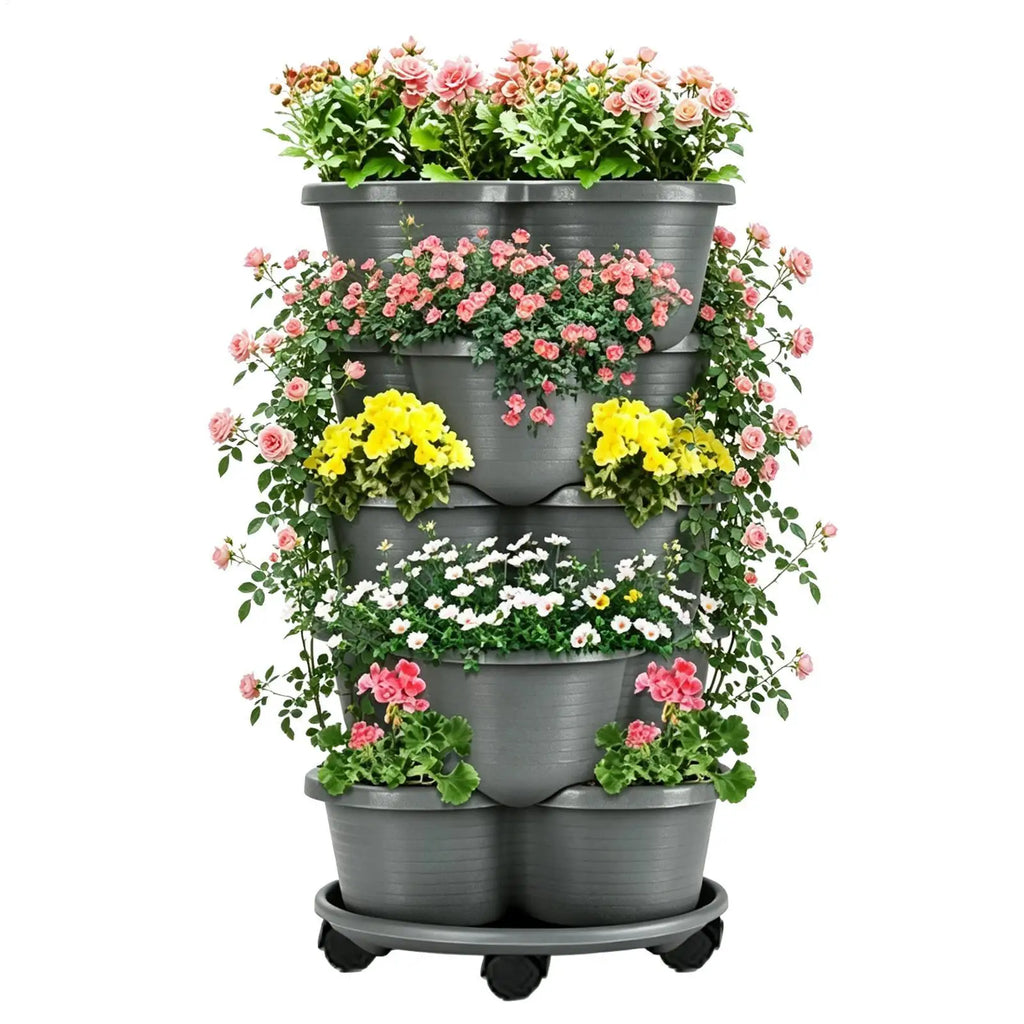 5-Tier Stackable Planter Tower with Wheels – 5pcs Gray Stackable Planter Tower PLUSH