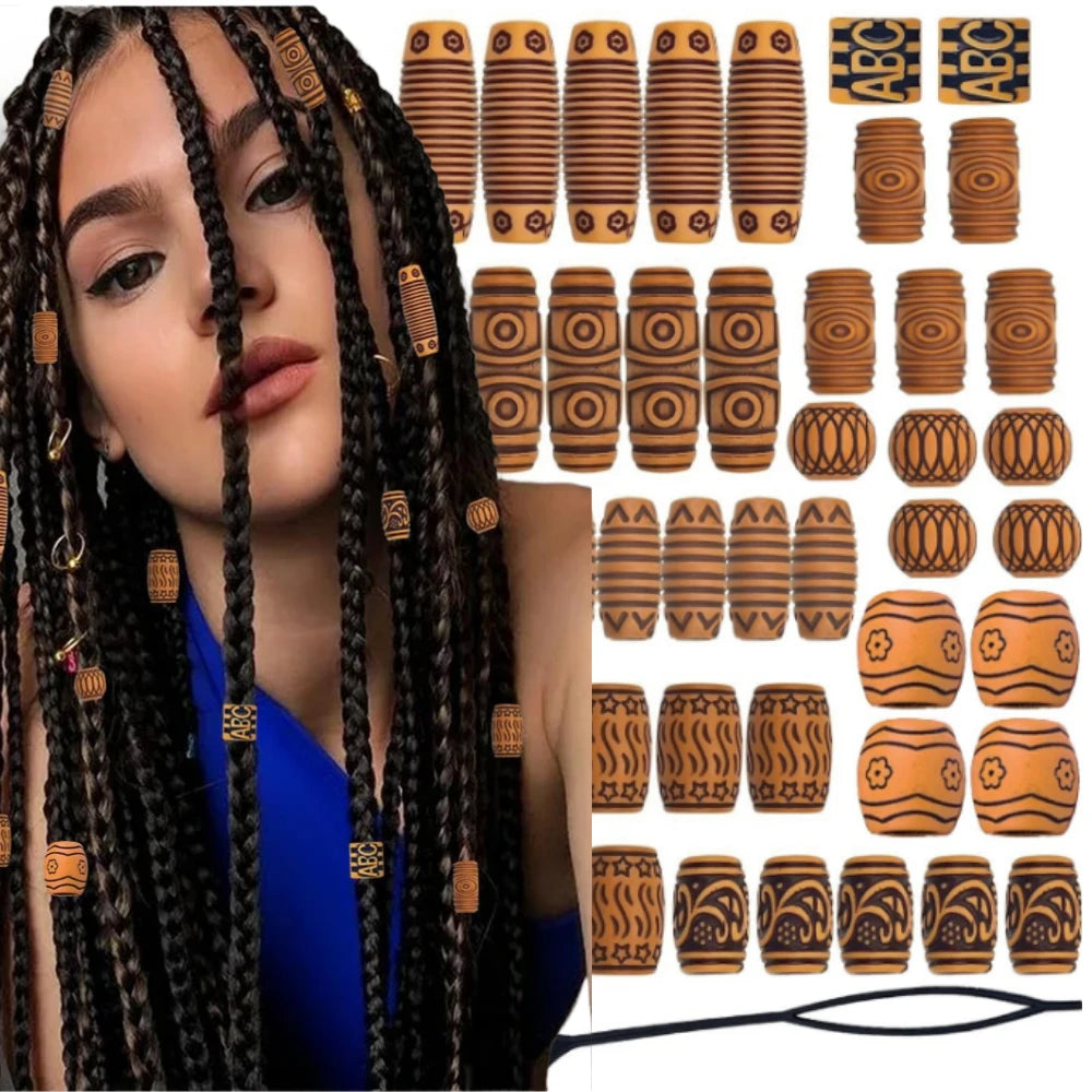 50pcs African Dreadlock Wooden Braiding Beads – Carved Patterns Hair Braiding Beads PLUSH 50Pcs 1Set
