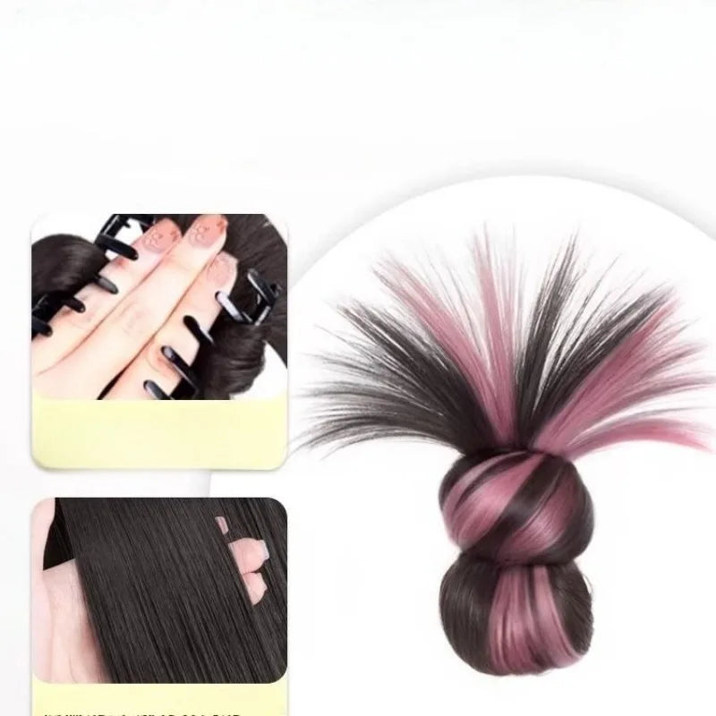 Synthetic Half-Tie Hair Bun Claw Clip Floral Accents Pink Black Clip-On Hair Bun PLUSH