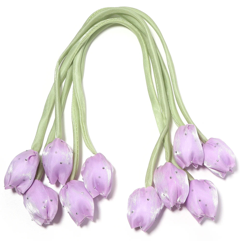 5pcs Satin Tulip Flower Strings Rhinestone DIY Hair & Garment Fabric Flower Trim PLUSH purple