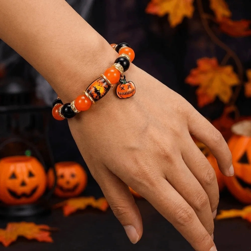 Halloween Crystal Beaded Bracelet – Ghost & Pumpkin Pendant Beaded Bracelet PLUSH