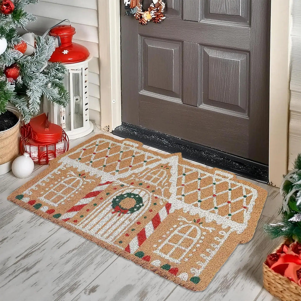 Christmas Gingerbread House Doormat – Anti-Slip Welcome Mat Holiday Door Mat PLUSH
