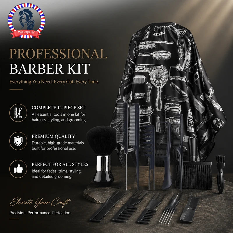 Salon Barber Cape Set 11/15pcs – Cloak, Brush & Comb Barber Cape Set PLUSH