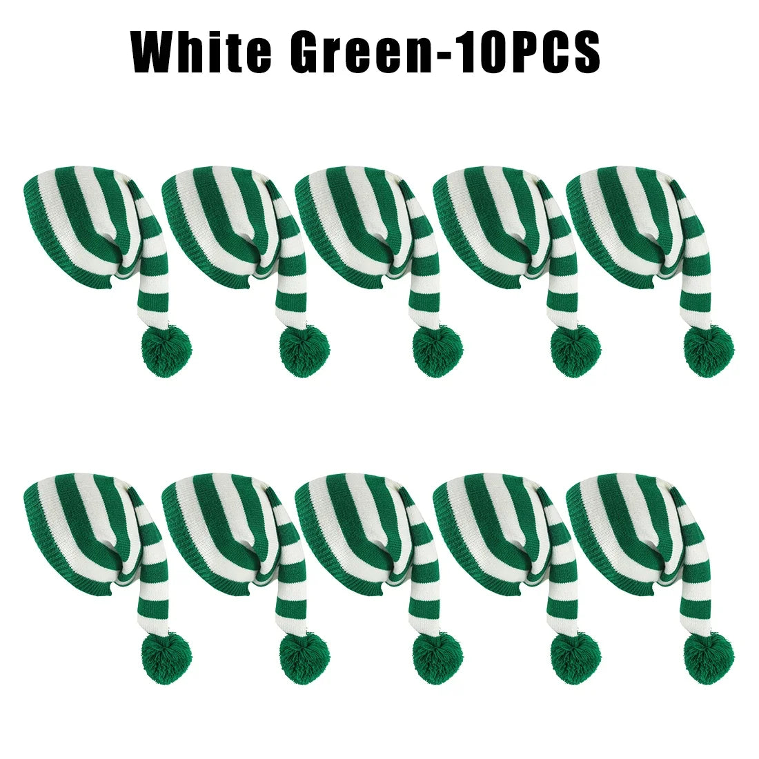 Winter Long Tail Elf Hat Christmas Knit Pom Pom Santa Hat Christmas Elf Hat PLUSH as show White Green 10PC