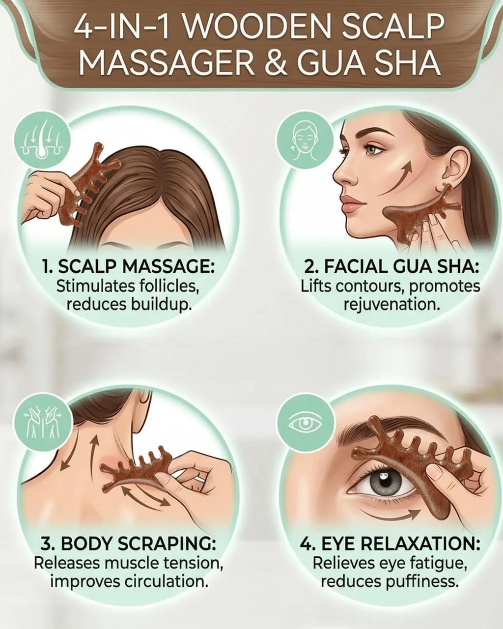 Wooden Scalp Massager Comb & Gua Sha Tool – Wet & Dry Scalp Massage Comb PLUSH