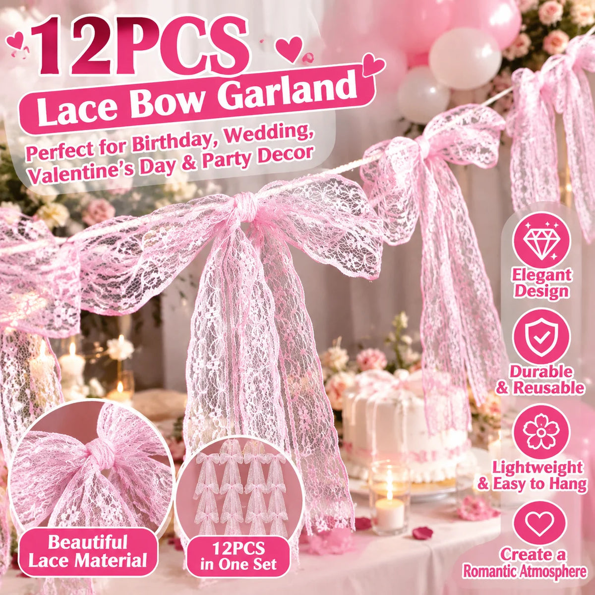 12pcs Bow Tassel Garland – Birthday, Wedding & Party Decor Party Garland Decor PLUSH Lace-12PCS 10Sets