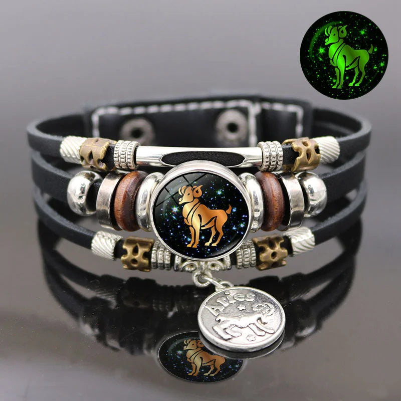 Luminous Zodiac Leather Bracelet – Glow in Dark | All 12 Signs Charm Bracelet PLUSH