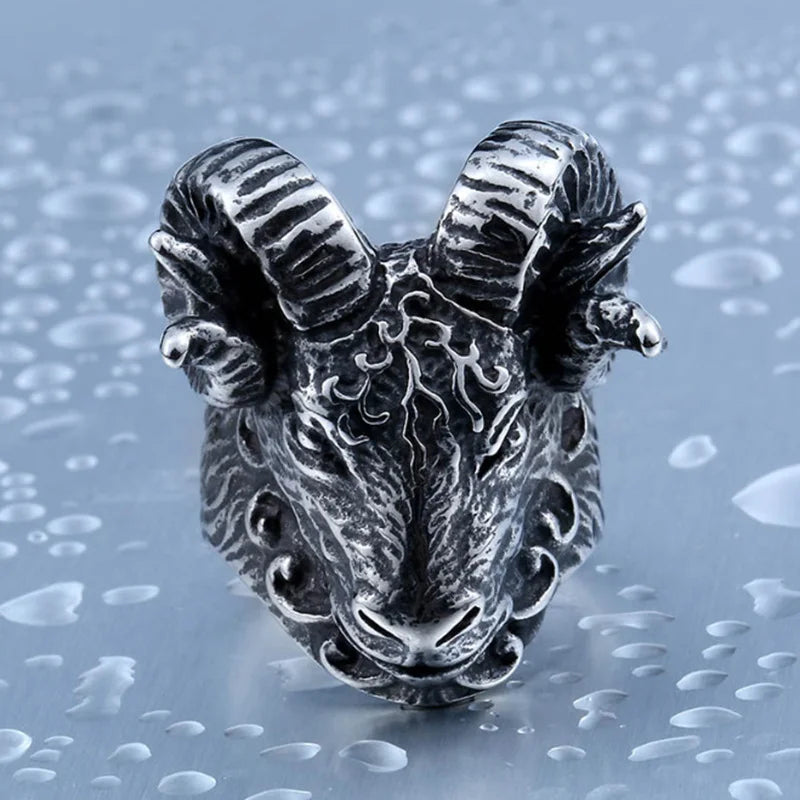 Vintage Aries Goat Head Punk Metal Ring for Men | Silver Men's Fashion Ring PLUSH