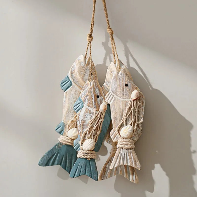 Rustic Wooden Fish Wall Hanging Set – Nautical Coastal Décor Wall Hanging Decor PLUSH