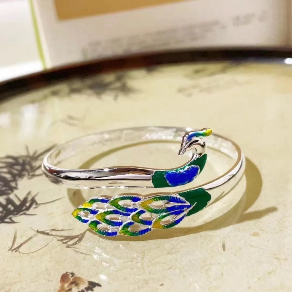 Hollow Peacock Enamel Bangle – Vintage Chinese Style Bracelet Enamel Cuff Bracelet PLUSH