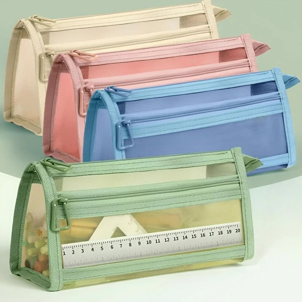 Clear Double-Layer Mesh Pencil Pouch with Zipper & Handle Mesh Pencil Pouch PLUSH