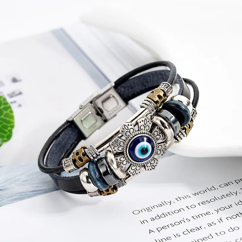 Evil Eye Turkish Multilayer Black Leather Bracelet for Men Leather Charm Bracelet PLUSH Default Title