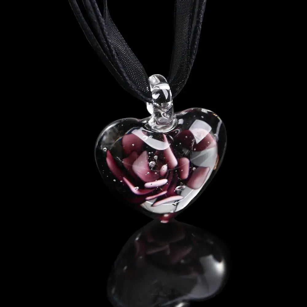 Women's Glass Heart Pendant Necklace – Spiral Flower Crystal Pendant Necklace PLUSH