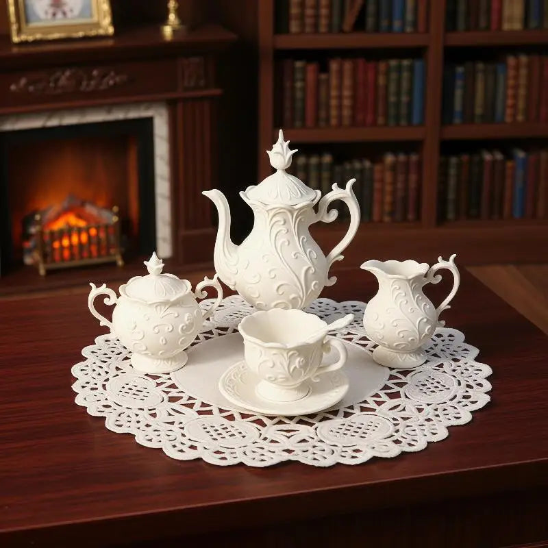 Miniature Dollhouse Teapot Tea Cup Set – Flower Relief Decor Dollhouse Accessory Set PLUSH