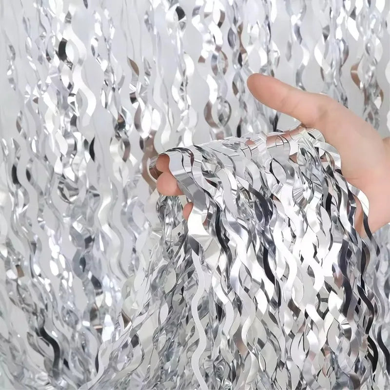 Foil Fringe Curtain Backdrop – Disco Party & Wedding Decor Party Backdrop Curtain PLUSH Silver 1PC