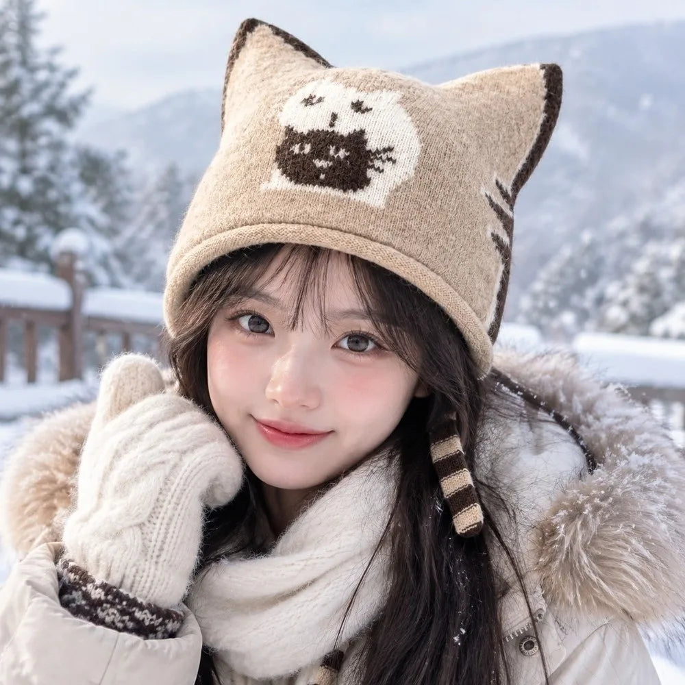 Kawaii Cat Ear Beanie – Cute Knit Winter Cap for Women Knit Beanie Hat PLUSH