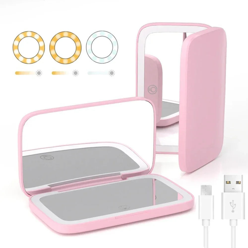 LED Compact Makeup Mirror 1x/5x Magnification Rechargeable Lighted Makeup Mirror PLUSH 1PCS Pink