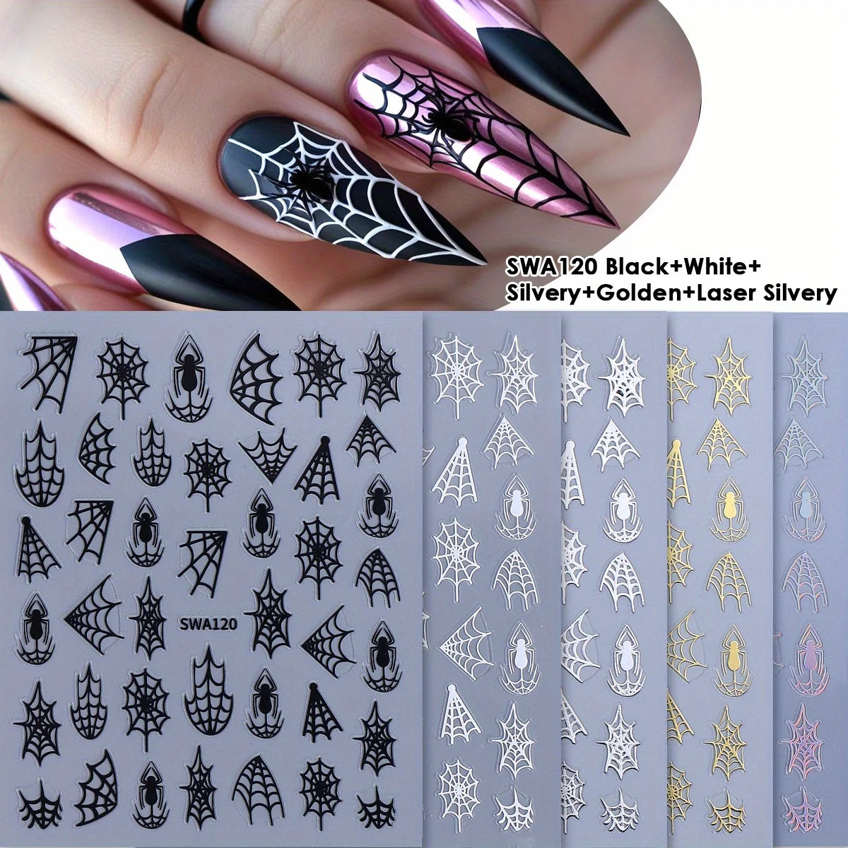 Y2K Spider Web Nail Art Stickers – Halloween Black Gold Silver Nail Art Stickers PLUSH SWA120 5 Colors