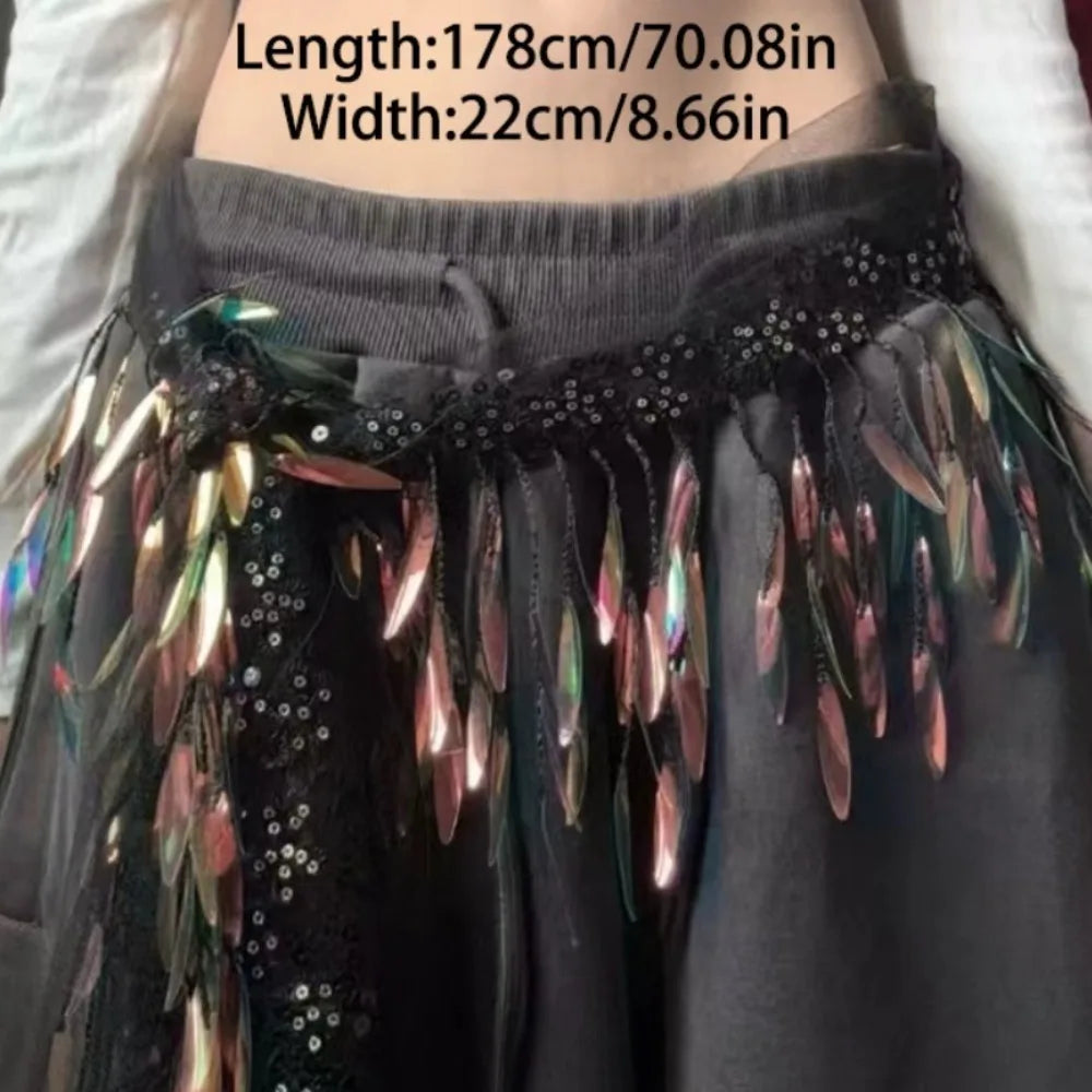 Y2K Sequin Tassel Hip Scarf Belt – Jazz Dance Streetwear Tassel Hip Scarf Belt PLUSH