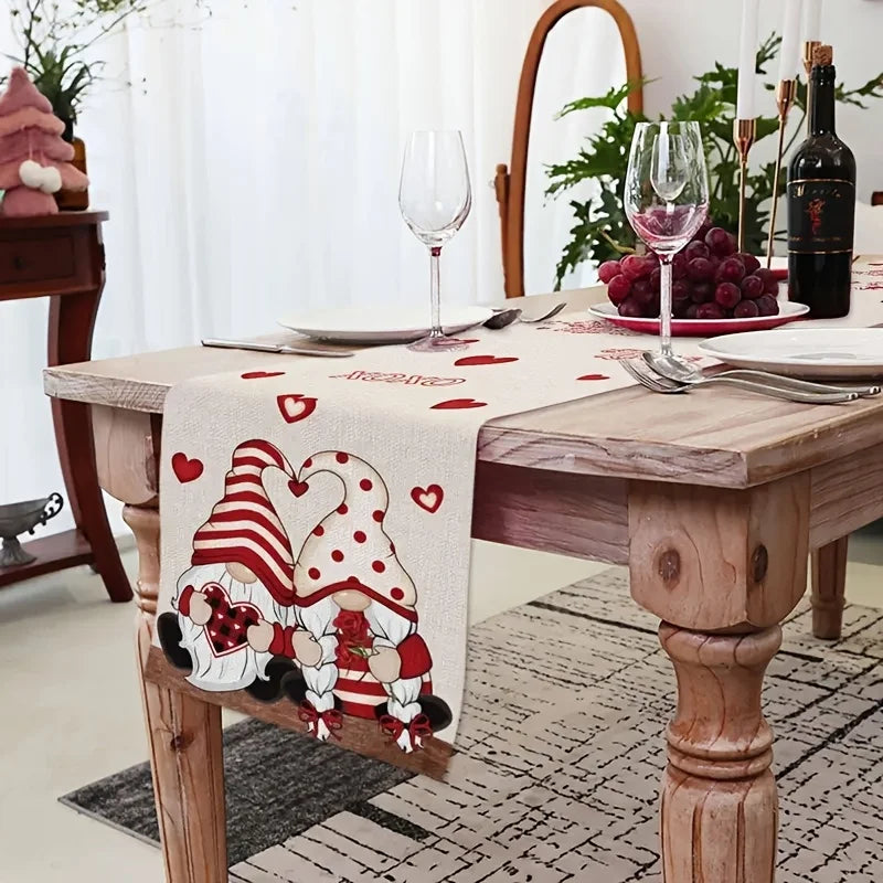 Valentine's Day Gnome Couple Table Runner – Red Heart Design Holiday Table Runner PLUSH