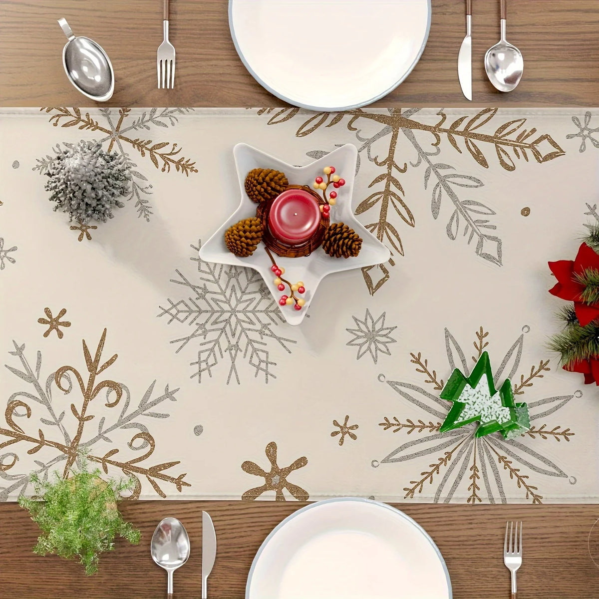 Snowflake Christmas Table Runner – Gold & Silver Off-White Christmas Table Runner PLUSH