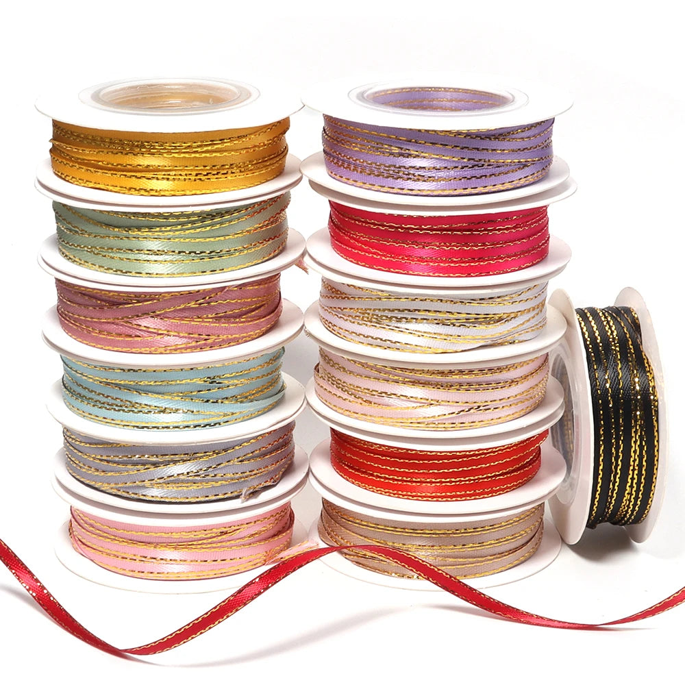 18m Gold Edge Double Face Satin Ribbon 3mm | Gift & Cake Decor Satin Craft Ribbon PLUSH
