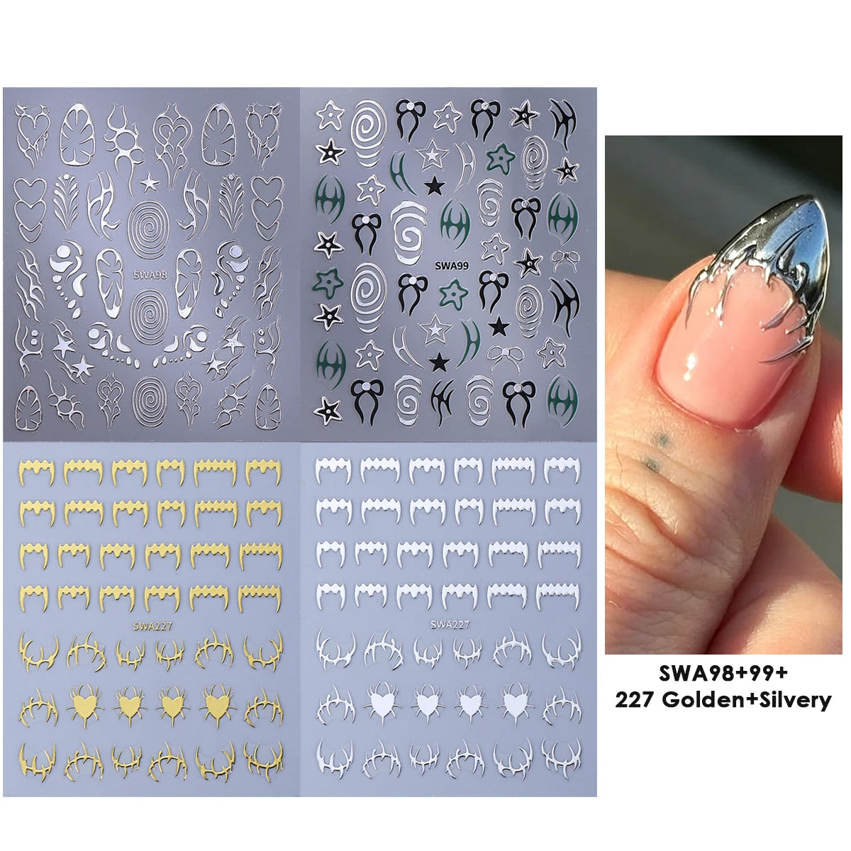 Gothic Nail Stickers Black Gold Y2K Angel Star – 4 Sheets Nail Art Stickers PLUSH SWA98 99 227 2color