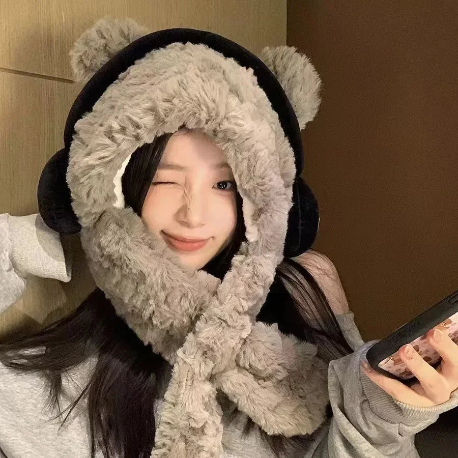 Women's Bear Ear Hat & Scarf Set – Fleece Lined Winter Hood Winter Hat Scarf Set PLUSH