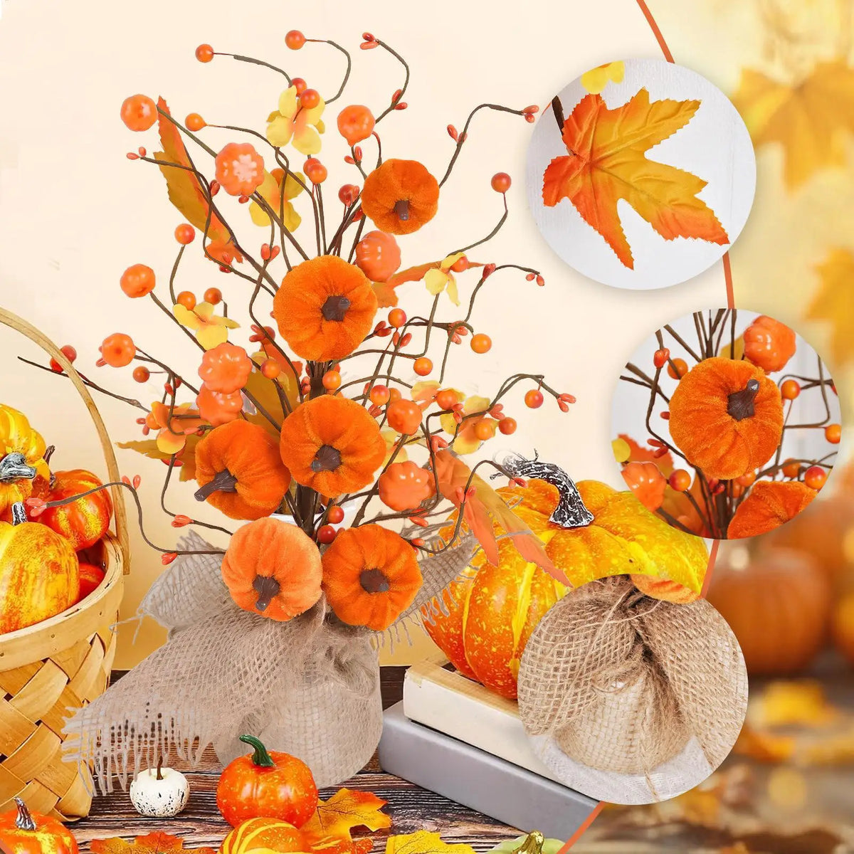 Fall Artificial Pumpkin Tree Bouquet – Autumn Tabletop Decor Artificial Floral Decor PLUSH