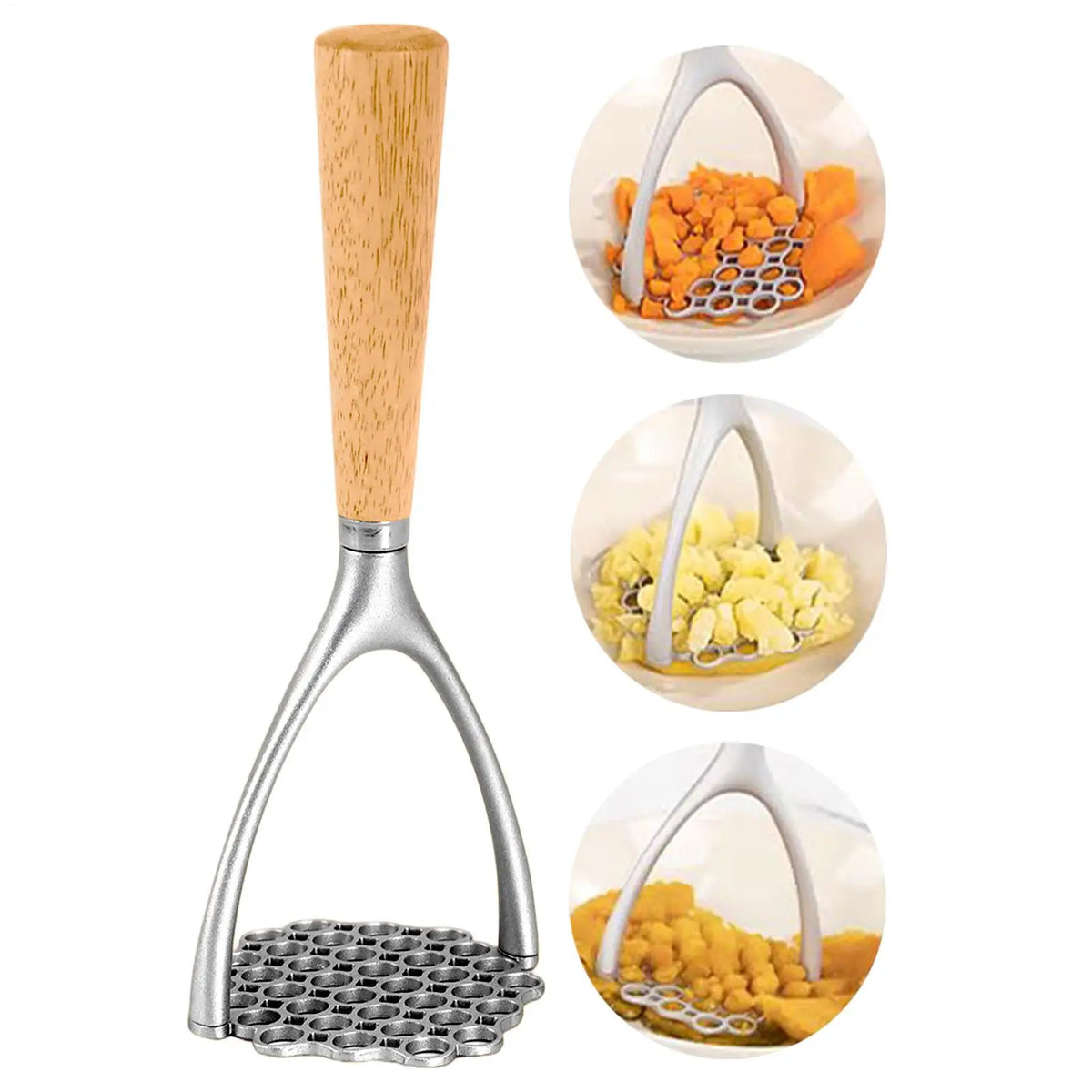 Potato Masher Wooden Handle – Aluminum Kitchen Food Masher Potato Masher PLUSH