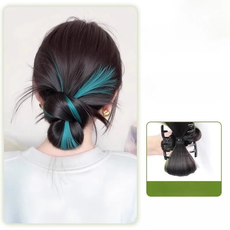 Synthetic Half-Tie Hair Bun Claw Clip Floral Accents Pink Black Clip-On Hair Bun PLUSH Blue Black 1Pc