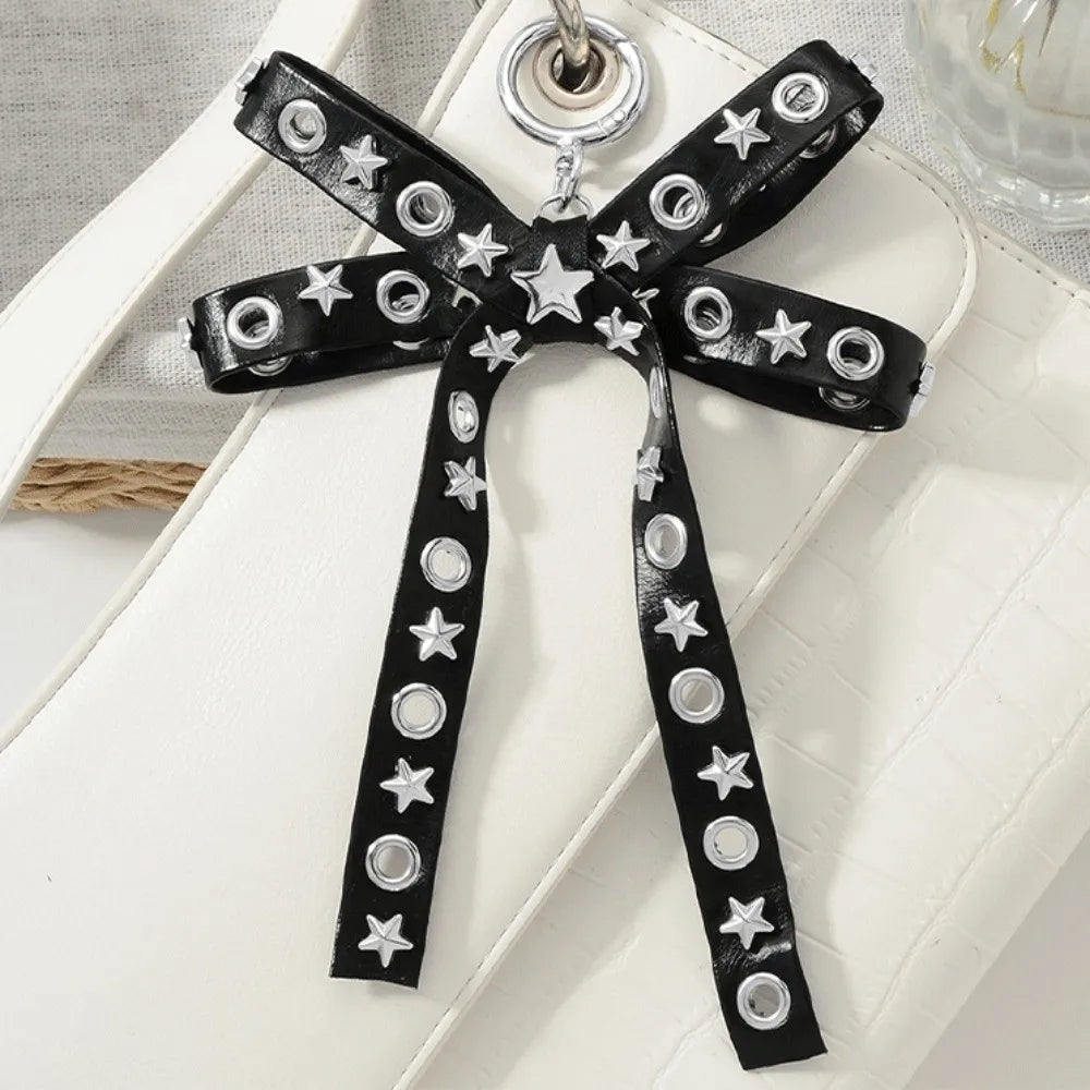 Y2K Gothic Bow Keychain PU Leather Rivet Leopard Keyring Fashion Keychain PLUSH