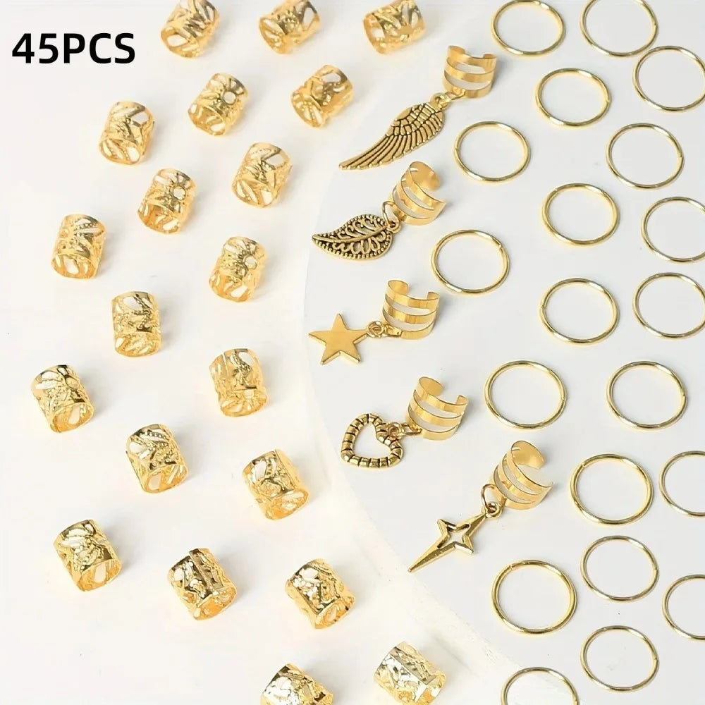 45pcs Dreadlock Hair Rings – Wing Leaves Stars Braid Jewelry Braid Hair Rings PLUSH Goldenr 45Pcs