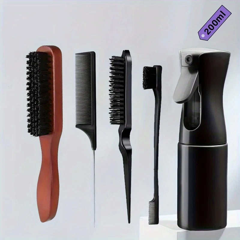 Bristle Hair Brush Set Wooden Handle Teasing Comb & Spray Bottle Hair Brush Set PLUSH 5pcs set-B