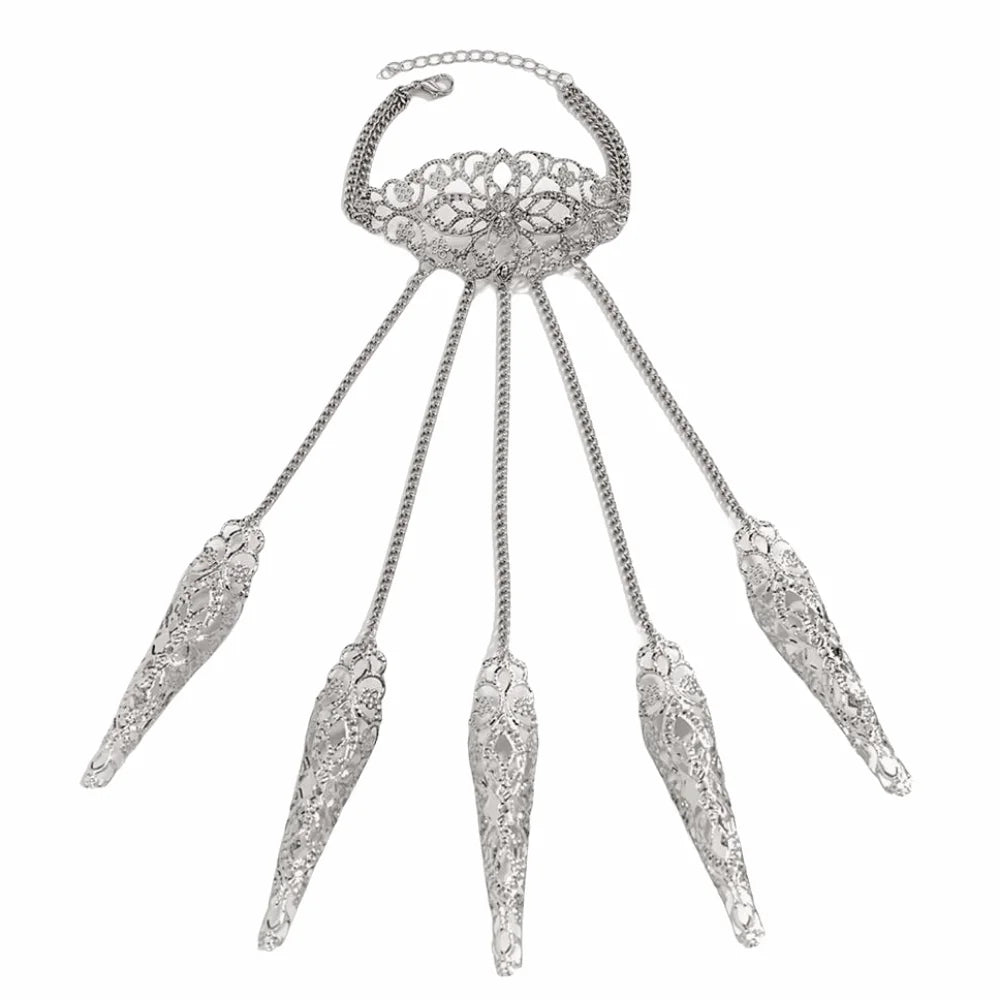 Gothic Punk Hand Harness Finger Ring Bracelet – Claw Jewelry Hand Harness Bracelet PLUSH Silver