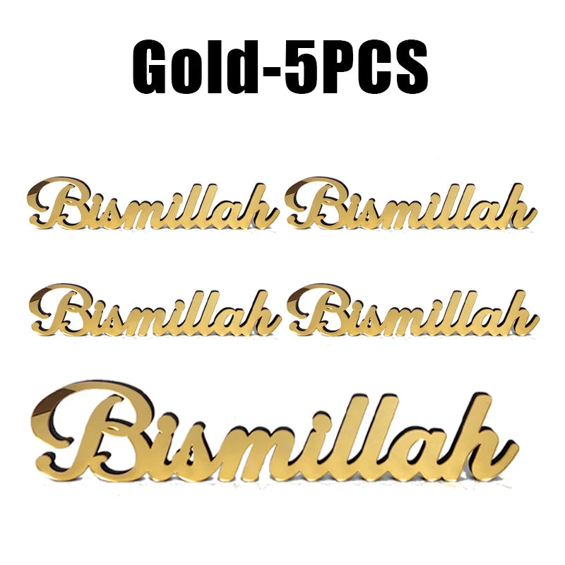 Ramadan Eid Islamic Décor – Bismillah Allah Acrylic Wood Sign Islamic Home Decor PLUSH Gold 5PCS