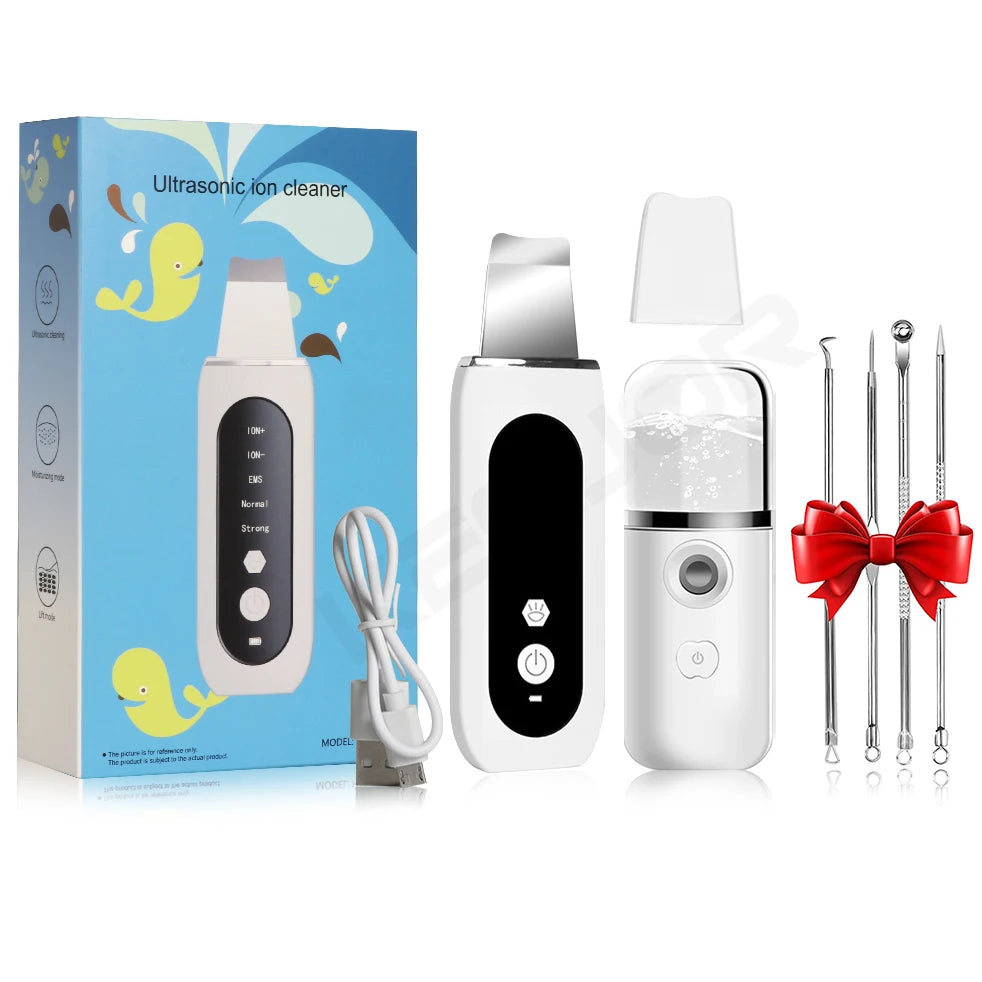 Ultrasonic Skin Scrubber Facial Spatula – Deep Pore Cleanser Facial Cleansing Device PLUSH white kit add gift