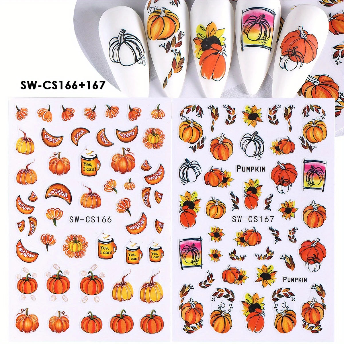 Glitter Autumn Nail Stickers – Pumpkin & Maple Leaves 2 Sheets Nail Art Stickers PLUSH SW-CS166-167