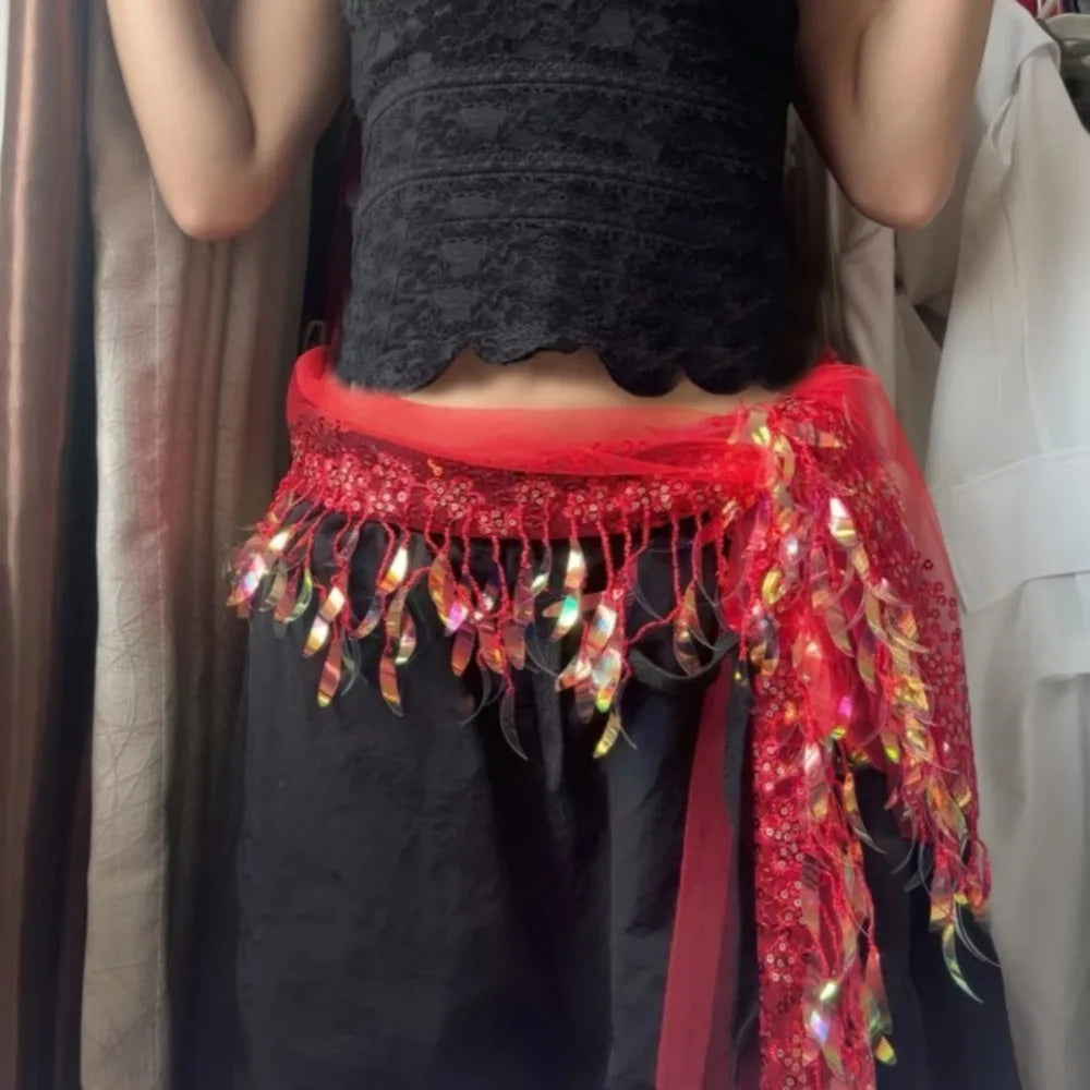 Y2K Sequin Tassel Hip Scarf Belt – Jazz Dance Streetwear Tassel Hip Scarf Belt PLUSH Red