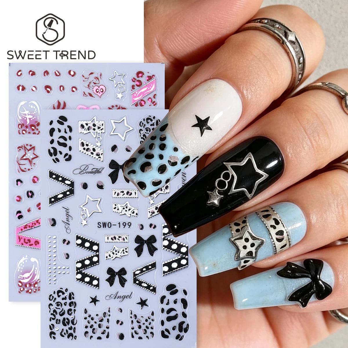 Y2K 3D Matte Nail Decals – Star Leopard Bow Belt Stickers 2pcs Nail Art Decals PLUSH