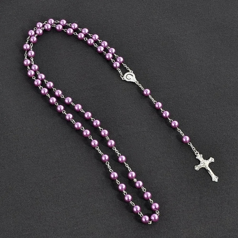 Vintage Cross Pendant Necklace | Faux Pearl Glass Bead Rosary Pendant Necklace PLUSH Purple