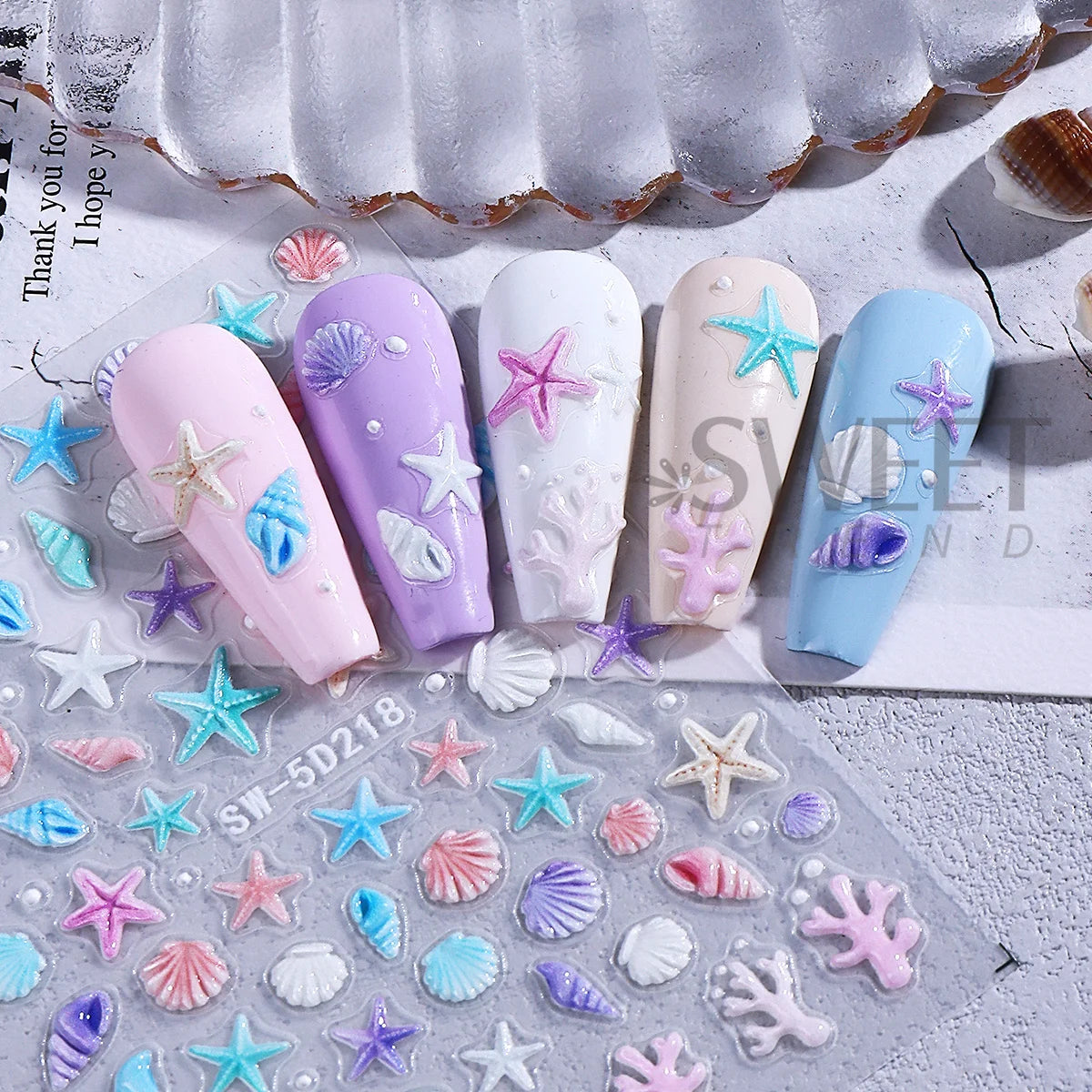 5D Ocean Embossed Nail Stickers – Starfish & Seashell Decals 2pk Nail Art Stickers PLUSH